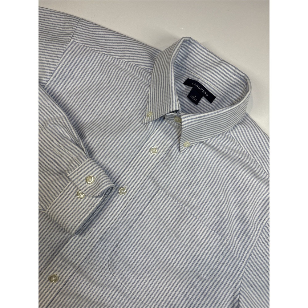 Lands End Men's Blue Pinpoint Oxford Long-Sleeve Shirt‎ Button-Up 16